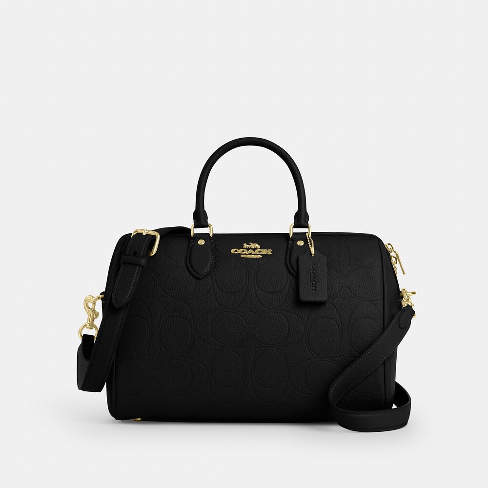 Coach Black Rowan Large Satchel Bag In Signature Embossed Leather